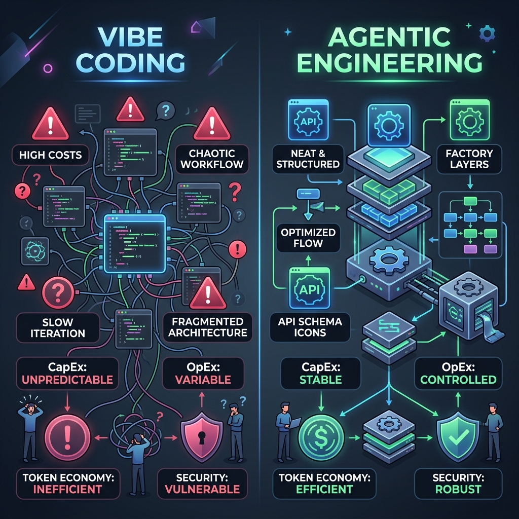 Vibe Coding vs. Agentic Engineering infographic